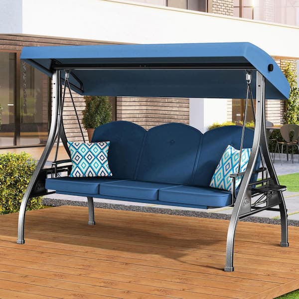 APPLE HOUSE タンス ZZW 3-Seat Metal Patio Swing with Adjustable Backrest Canopy Blue