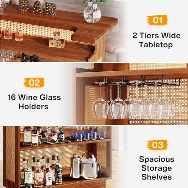 Kearsten 43.3 in. Rattan Home Bar Unit, Farmhouse 4-Tier Bar Table with Heightened Base, Caramel Brown