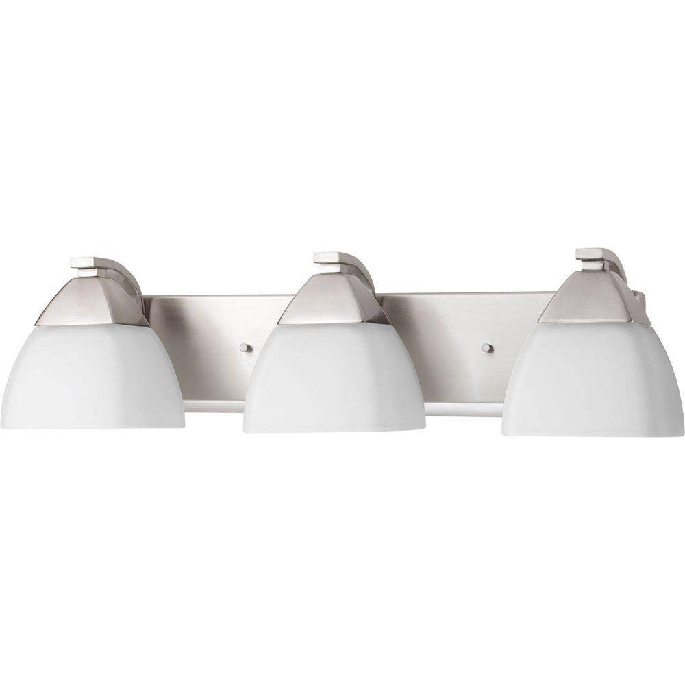 Brushed Nickel 3-Light Bath Vanity with Etched White Glass Shades