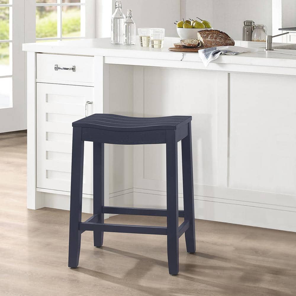 Navy Wood Backless Saddle Style Bar Stool