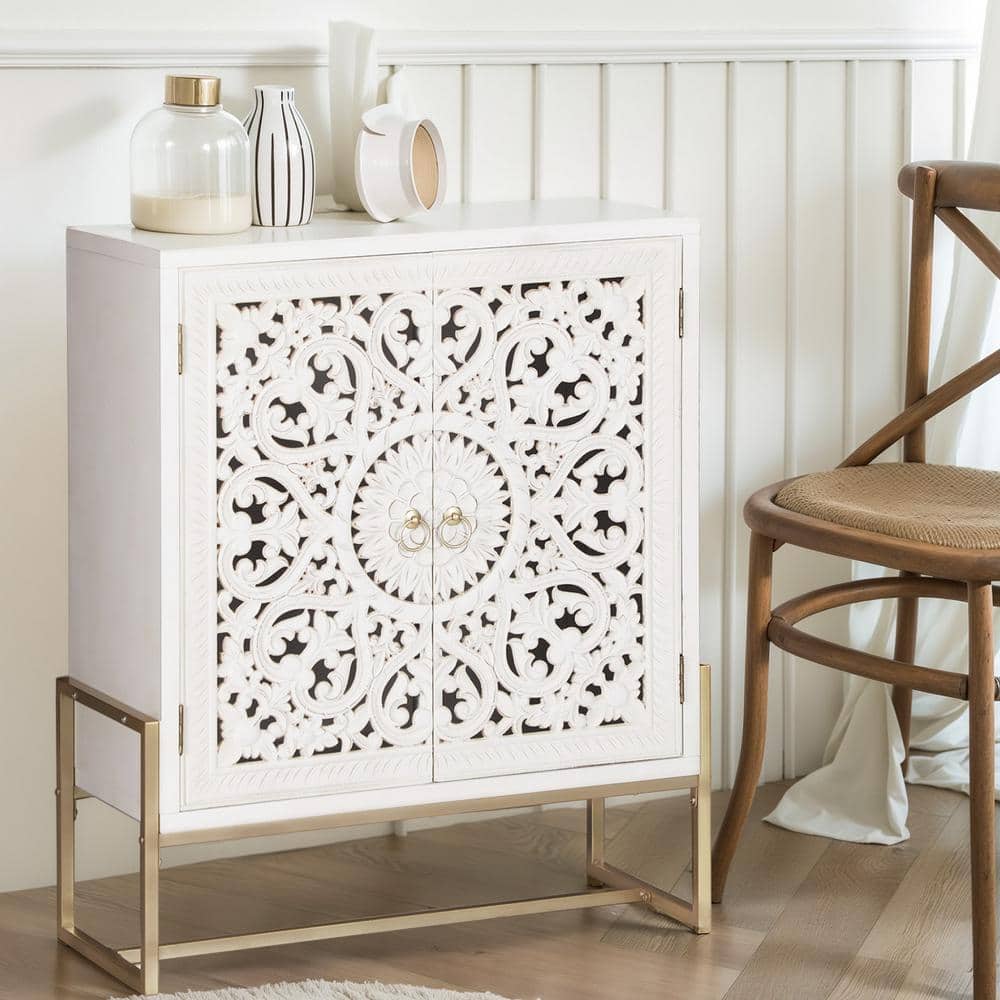 37.4 in. White Carved Composite Accent Cabinet with Adjustable Shelving