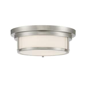 13 in. W x 4.5 in. H 2-Light Brushed Nickel Flush Mount Light with White Glass Cylindrical Shade