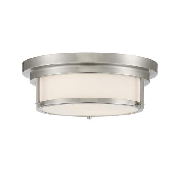 Savoy House 13 in. W x 4.5 in. H 2-Light Brushed Nickel Flush Mount Light with White Glass Cylindrical Shade