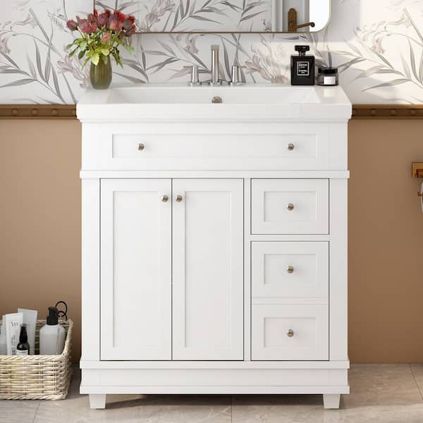 Unbranded 30 in. W x 18 in. D x 33 in. H Freestanding Bath Vanity in White with White Cultured Marble Top