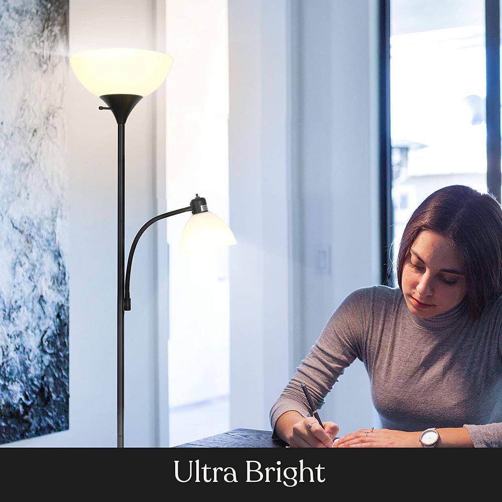 Classic Black Adjustable LED Torchiere Floor Lamp with 3-Way Switch