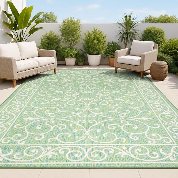 Charleston Vintage Filigree Textured Weave Green/Ivory 5 ft. x 8 ft. Indoor/Outdoor Area Rug