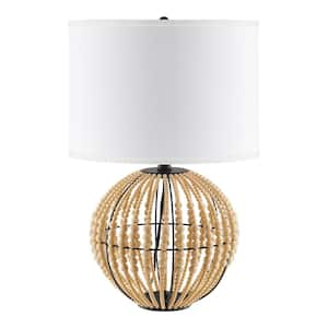 Cayman 21.875 in. 1-Light Bronze and Faux Wood Beaded Table Lamp with Fabric Drum Shade