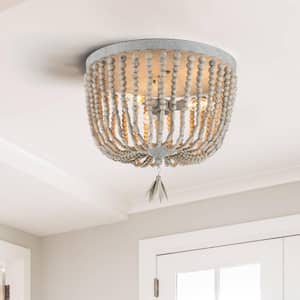 15.75 in. 3-Lights Vintage Grey Flush Mount with Weathered Gray Wash Wood Beads