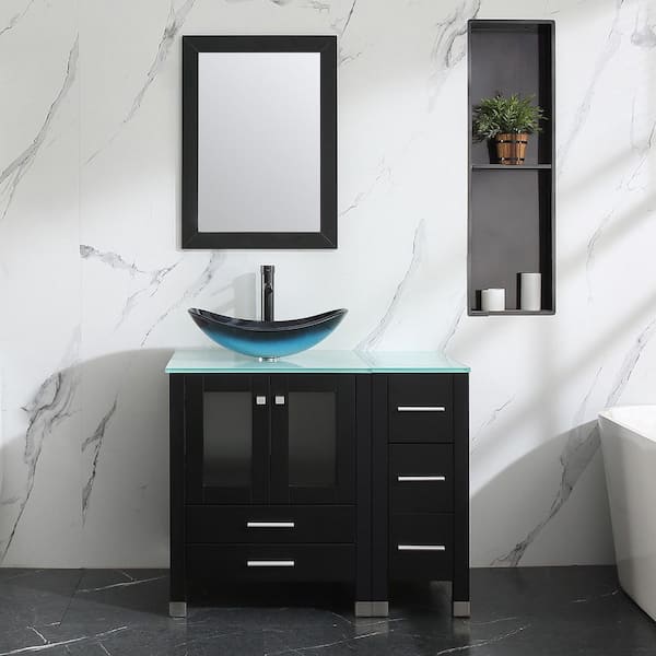 36 in. W x 21.3 in. D x 29.1 in. H Single Sink Bath Vanity in Black with Glass Top and Mirror