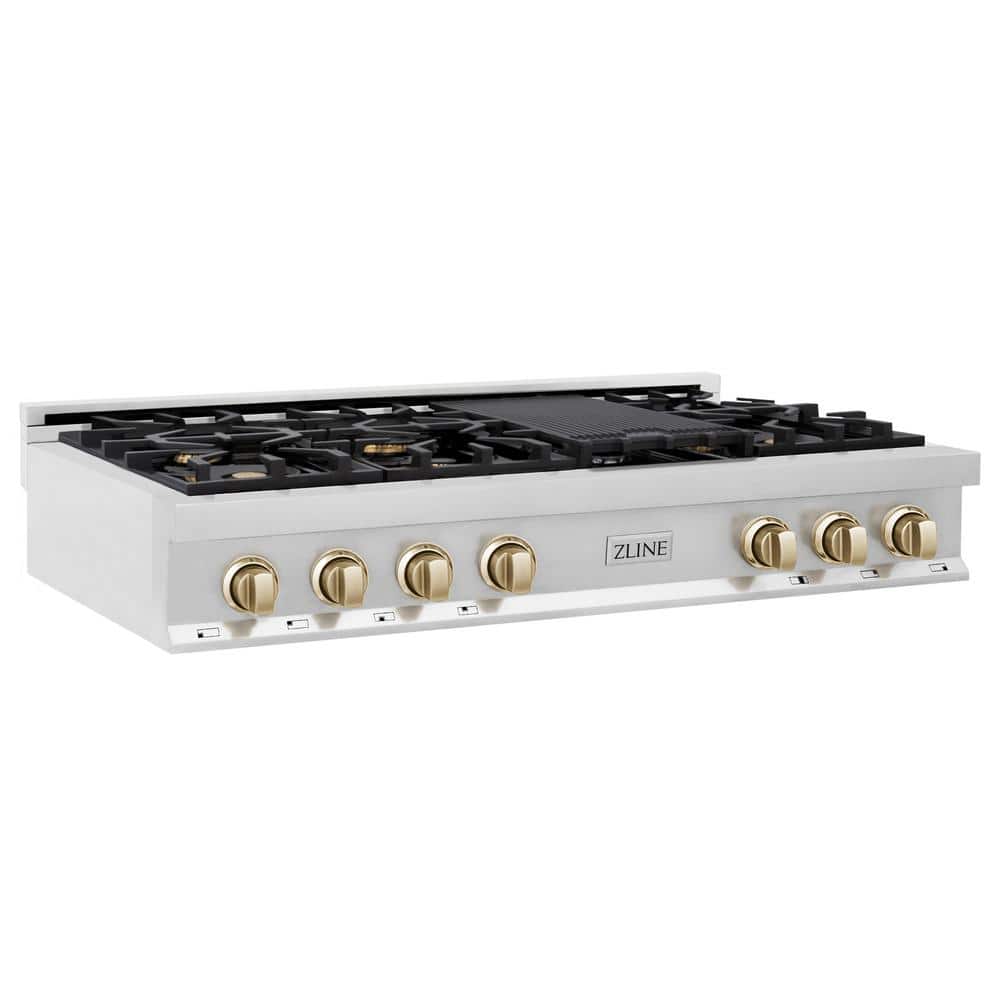 ZLINE Kitchen and Bath Autograph Edition 48 in. 7 Burner Front Control Gas Cooktop with Polished Gold Knobs in Stainless Steel, Brushed 430 Stainless Steel & Polished Gold