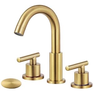 8 in. Widespread 2-Handle High Arc Bathroom Faucet with Drain Kit Included and All Mounting Hardware in Brushed Gold