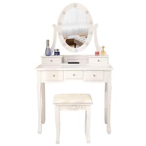 Modern White Makeup Vanity Table and Stool Set with Light Bulb (55 in. H x 31.5 in. W x 15.7 in. D)