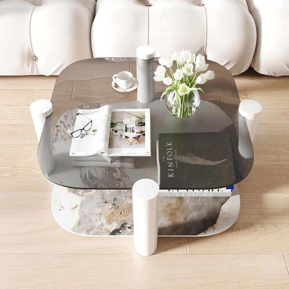 Magic Home 35 in. W Square Tempered Glass and Stone Tabletop
