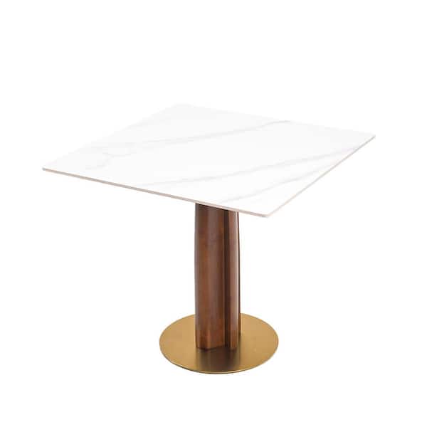 33 in. Modern Square White Sintered Stone Tabletop with Solid Wood Pedestal Base Dining Table (Seat 2)