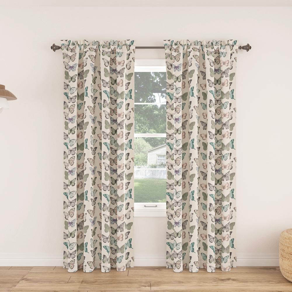 Blue Butterfly Print Sheer Polyester Rod Pocket Curtain Panel