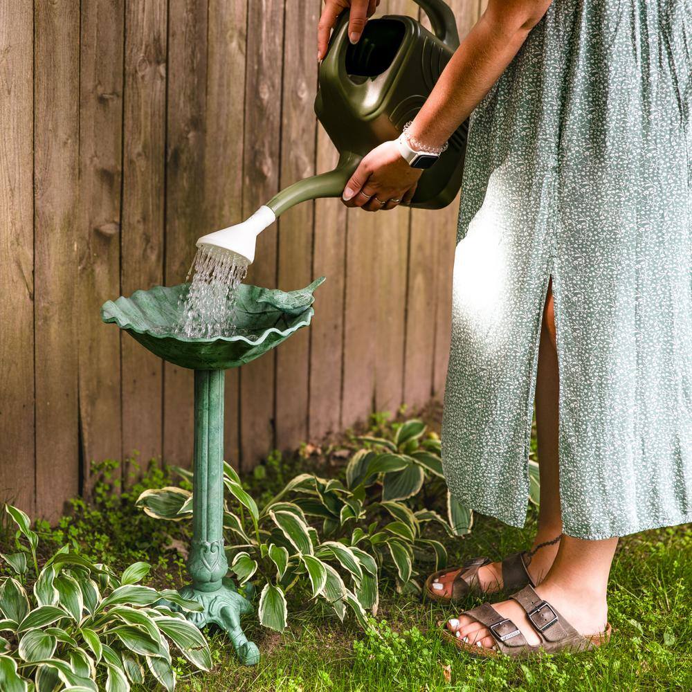 Green Patina Cast Aluminum Leaf Bird Bath with Metal Sculpture