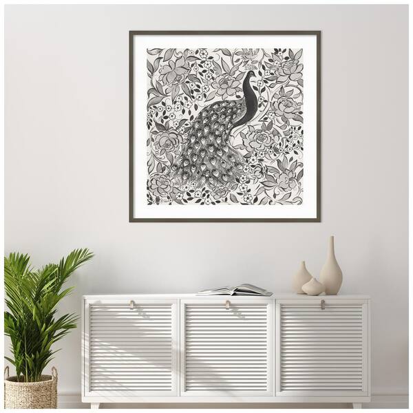 22 X 22 Peacock Garden Iii Bw By Miranda Thomas Framed Canvas