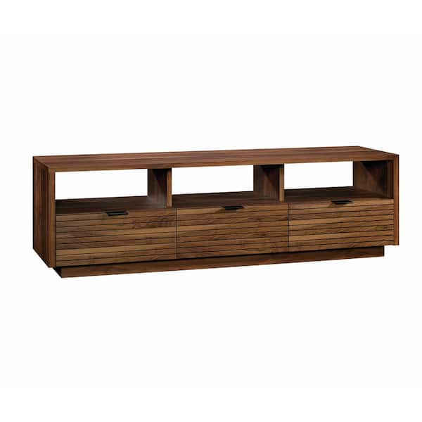 SAUDER Harvey Park 71 in. Grand Walnut Particle Board TV Stand with 3 Drawer Fits TVs Up to 70 in. with Built-In Storage