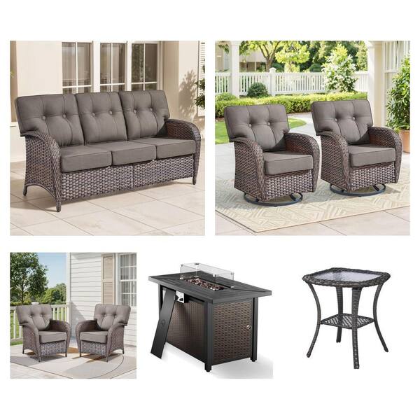 Seaside Wicker Sofa, 2-Piece Rocking/Lounge Chairs with Gray Cushions, 43 in. Fire Pit Table and Side Table Combo