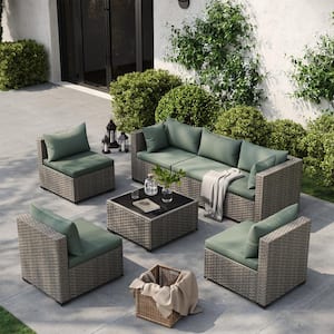 7-Piece Wicker Outdoor Patio Conversation Sofa Set, with Peacock Green Cushions, is Perfect for Casual Gatherings