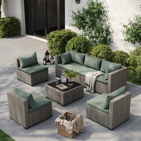 ELPOSUN 7-Piece Wicker Outdoor Patio Conversation Sofa Set, with Peacock Green Cushions, is Perfect for Casual Gatherings