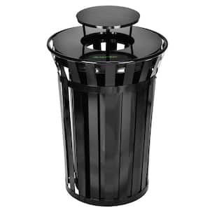 38 gal. Black Metal Slatted Outdoor Commercial Trash Can Receptacle with Rain Bonnet Lid and Liner
