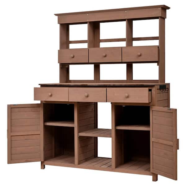 Zeus & Ruta 50.2 in. W x 65.7 in. H Brown Garden Potting Bench Table with Hutch, 3 Shelves, 6 Drawer, 2 Bottom Cabinet and Side Hook