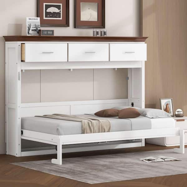 White Wood Frame Twin Size Murphy Bed with 3-Drawers