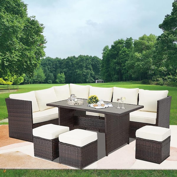 Unbranded 7-Piece Wicker Patio Conversation Set with White Cushion, Patio Dining Sectional Sofa Set