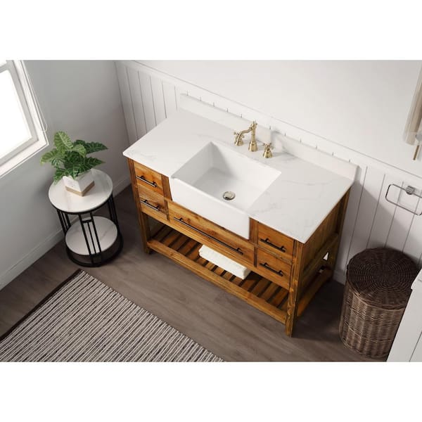 lOUISE 48 in. Wx22in.Dx35.7in.H Bath Vanity in brown with Quartz vanity top in white with white basin