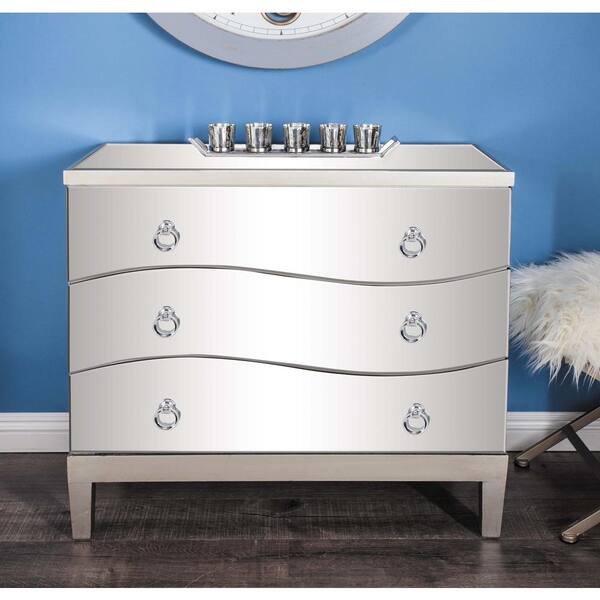 Litton Lane 3 Drawers White Wood Mirrored Chest 32 in. X 34 in. X 17 in.
