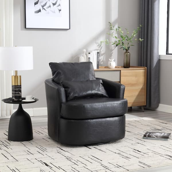 Black PU 360 Degree Comfy Round Swivel Barrel Club Chair, 300LBS