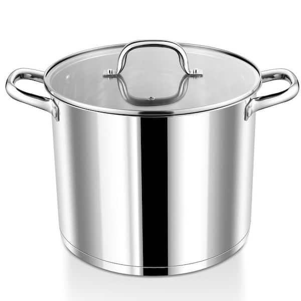 10QT Stock Pot with Lid, Stainless Steel Induction Cookware, Tri-Ply Bottom and Clear Glass Lid, Double Handle