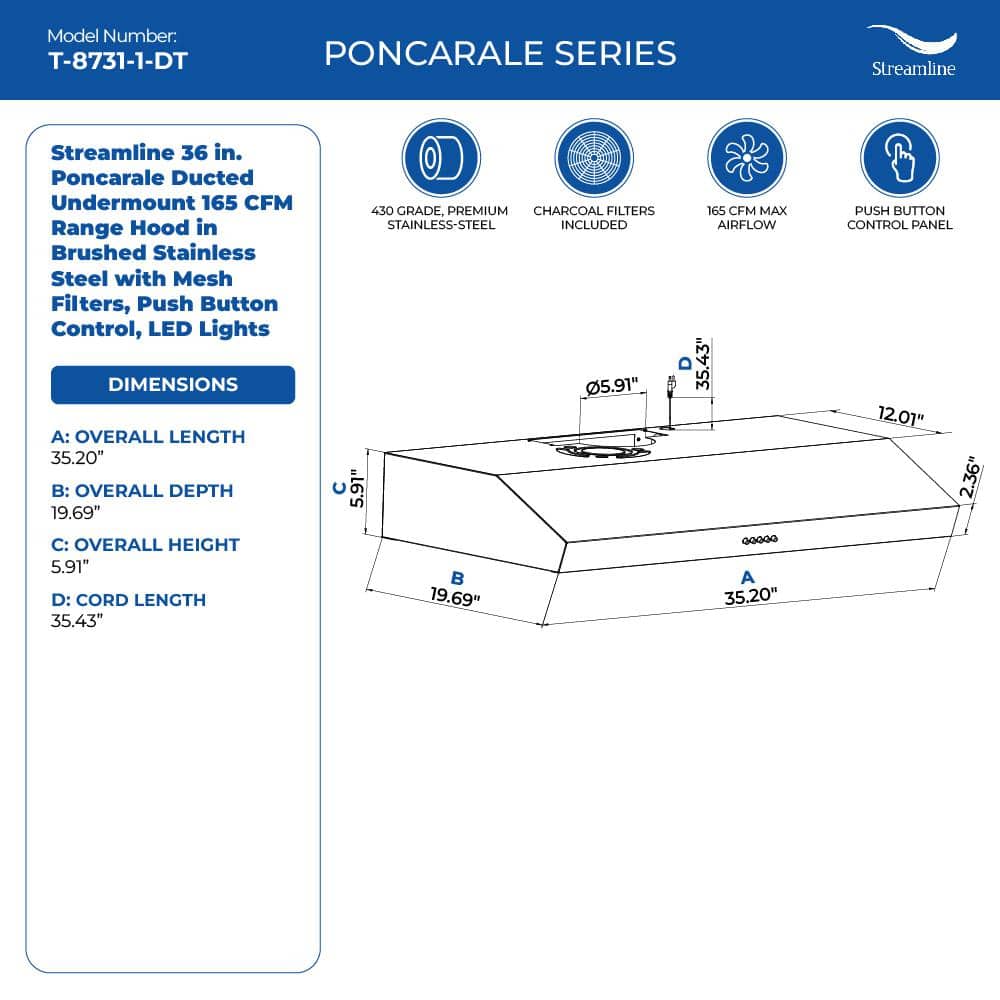 Streamline 36" Stainless Steel Under Cabinet Range Hood with LED Lights