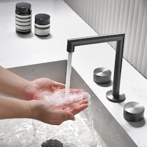 Deck Mount Double Handle High Arc Bathroom Faucet, 3-Holes Modern Bathroom Faucet in Gunmetal Gray