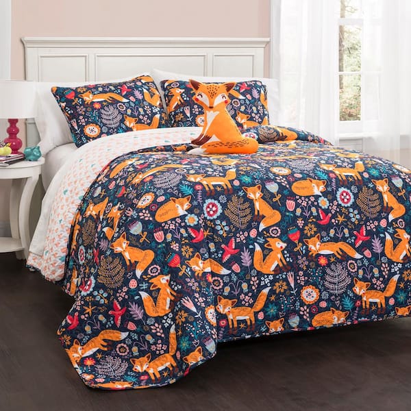 Pixie Fox Quilt Navy 4-Piece Full/Queen Set