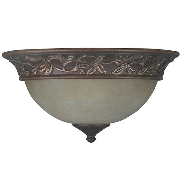 Hampton Bay Sheffield 13 in. 2-Light Venetian Bronze Flush Mount with Tea Stained Glass Shade
