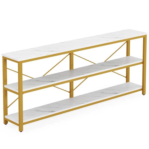 BYBLIGHT Terrella 70.9 in. White Rectangle Wood Console Table, Modern Sofa Table, 3 Tiers TV Stand Gold Metal Frame