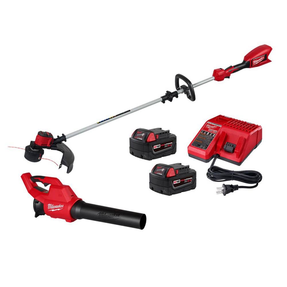 MILWAUKEE M18 Brushless 18V 16in. Cordless Battery Powered String Trimmer w/ M18 XC 5.0 Ah Starter Kit, M18 Brushless Blower (2828-20E-48)