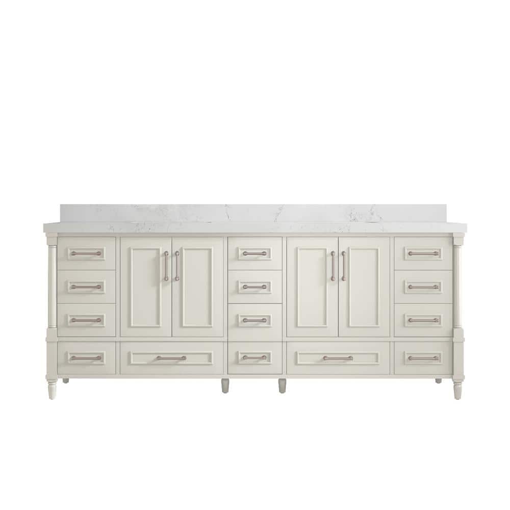 Aberdeen 84" Alabaster Double Sink Freestanding Bathroom Vanity with Quartz Top