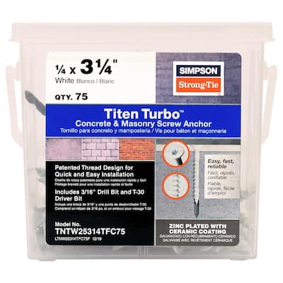 Titen Turbo 1/4 in. x 3-1/4 in. 6-Lobe Flat-Head Concrete and Masonry Screw, White (75-Pack)