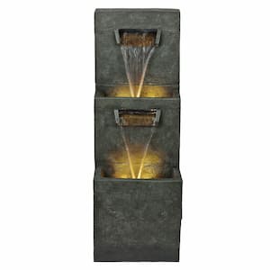 40 in. 2-Tier Modern Polystone Floor Waterfall Fountain with Warm White LED Lights, Gray