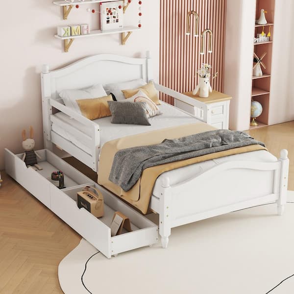 Harper & Bright Designs White Wood Frame Twin Size Platform Bed with 2 Drawers and Guardrails