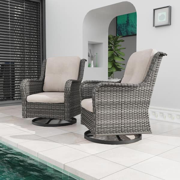 Wicker Outdoor Rocking Chair Patio Swivel with Beige Cushions (2-Pack)