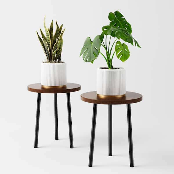Walnut 13.8 in. H Wood and Metal Indoor/Outdoor Corner Plant Stand (2-Pack)