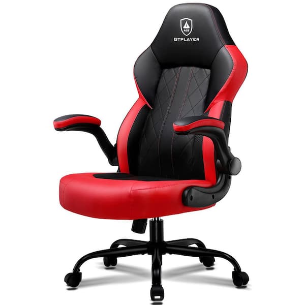 Video Gaming Chair with Flip-Up Armrests Faux Leather Ergonomic Computer Chair with 360° Swivel in Red