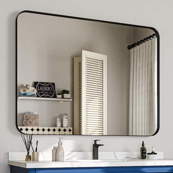 48 in. W x 36 in. H Rectangular Aluminum Framed Wall Bathroom Vanity Mirror in Black