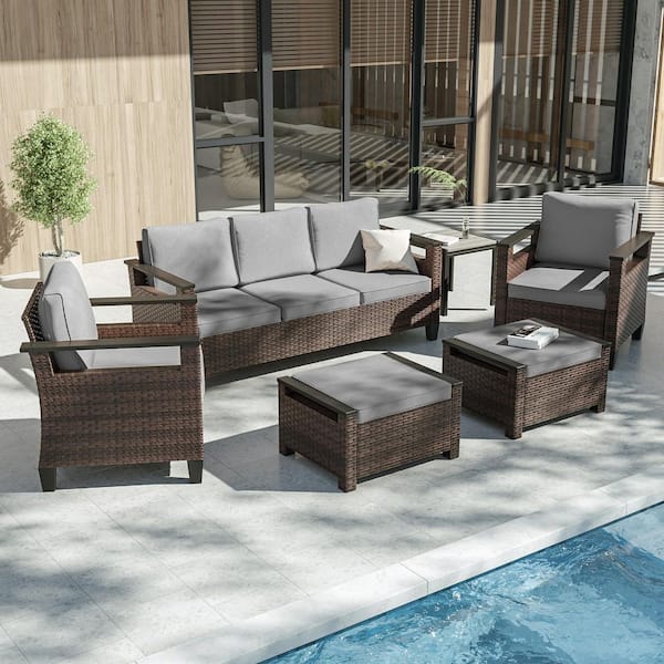 6-Pieces Patio Conversation Set with Side Table Wide Armrests Sofa Brown PE Wicker with Gray Cushions