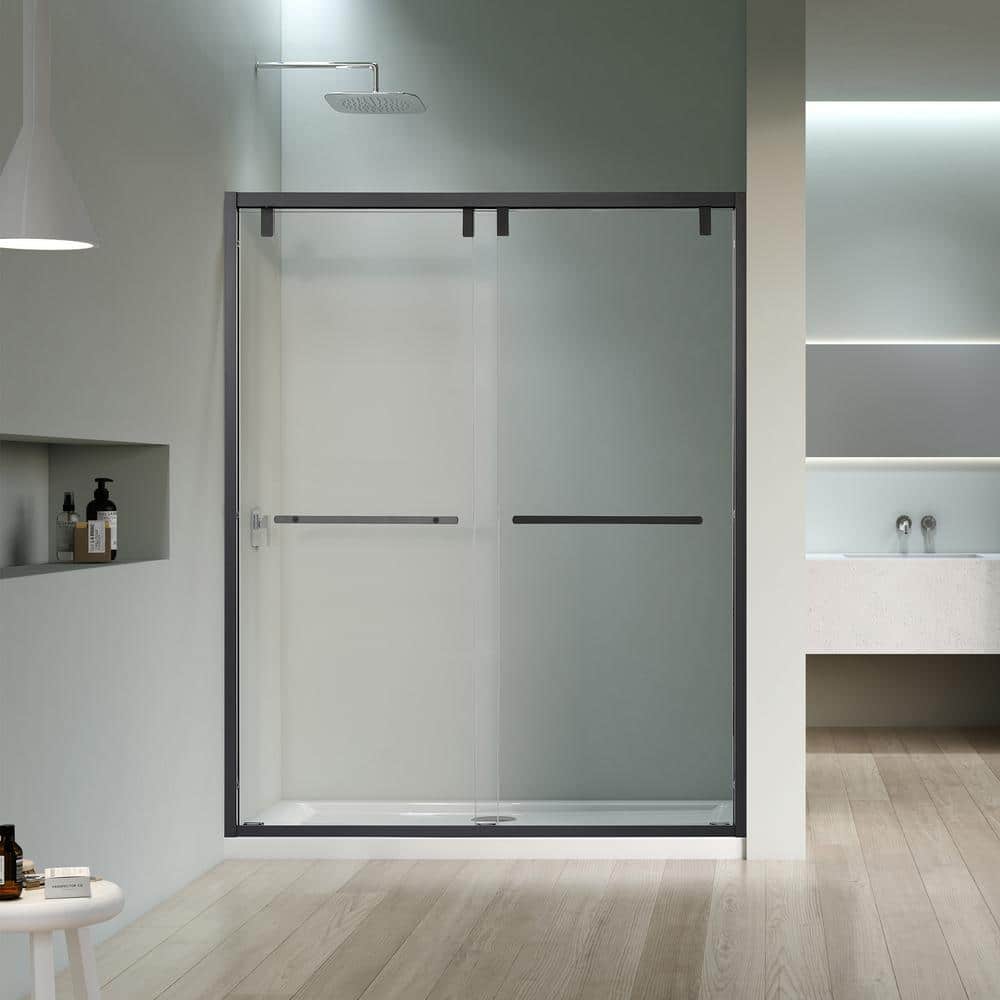 60" Matte Black and Clear Glass Semi-Frameless Shower Door