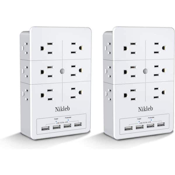 12-Outlet Surge Protector Wall Mount Multi Outlet Splitter 3 Sided Plug with 4 USB Ports (2-Pack)